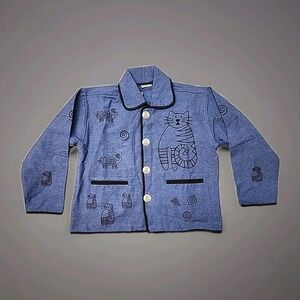 Venus Imports Women's Blazer Size Medium Blue With Black Trim Cat Printed Jacket